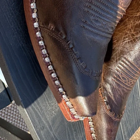Tony Lama Brown Heeled Boots with Embroidery and Rhinestones - Picture 8 of 9